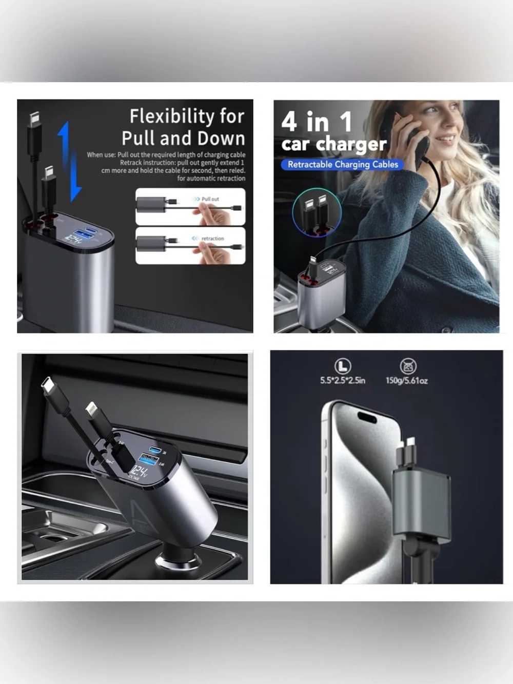 🆕 Super Car Charger, 120W 4 in 1 Super Fast Charge Car Phone Charger 2 Ports
